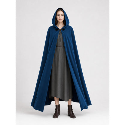 Blue hooded cloak with black clasp, shown full-body over a gray dress and brown ankle boots