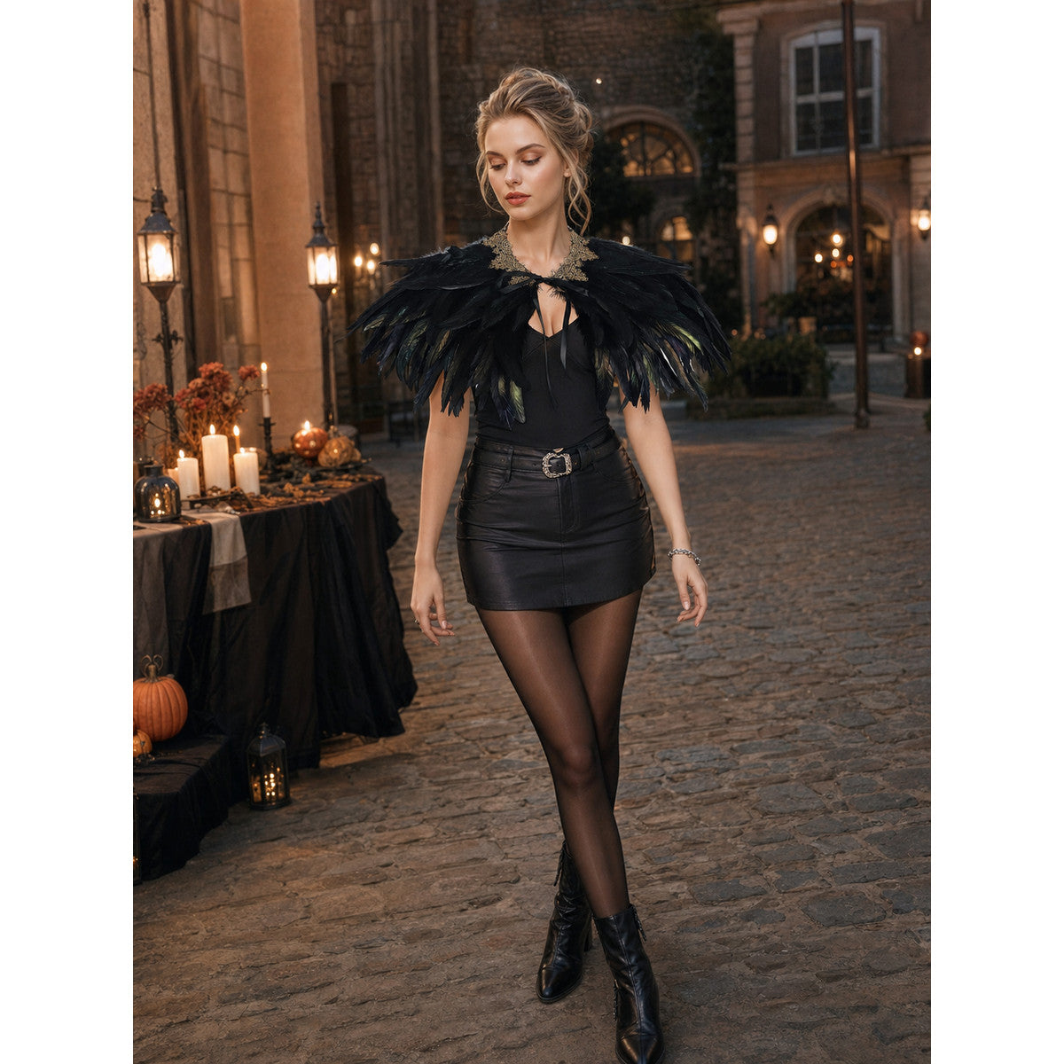 Black Feather Capelet with Gold Lace-Trimmed Collar, Feathered Shoulder Cape for Halloween Gothic Costume Role Play Party, Cosplay Cape Accessory