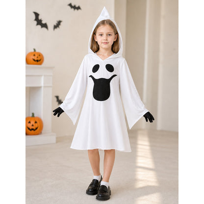 Ghost costume with hood, dress with gloves lifestyle