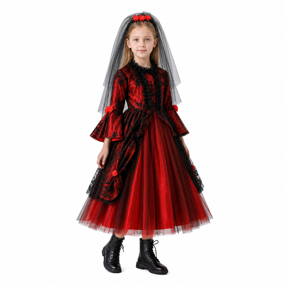 Long Gothic Dress with Red Roses and Lace