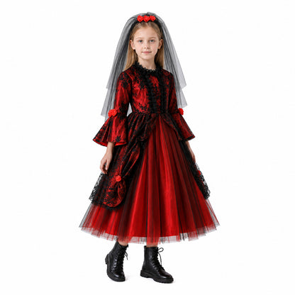 Long Gothic Dress with Red Roses and Lace