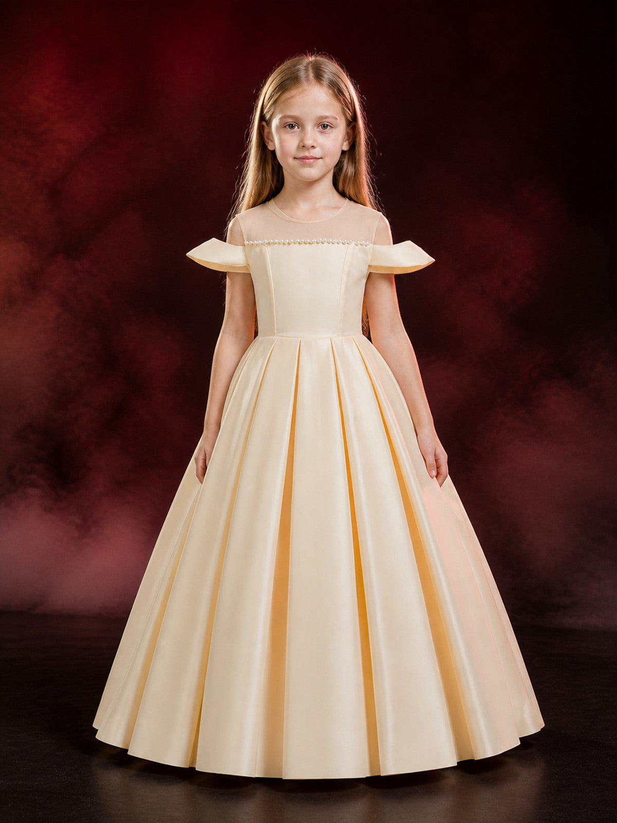 Girls' Champagne Off-Shoulder Beaded Pleated Long Formal Dress main product view