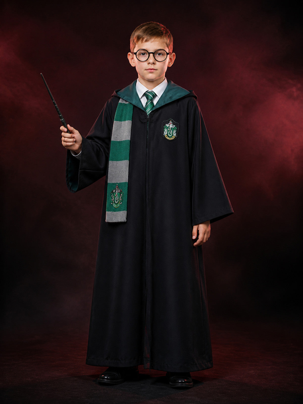 Kids Hooded Wizard Robe Costume Set, Five-Piece Cosplay Outfit With Scarf, Tie main product view