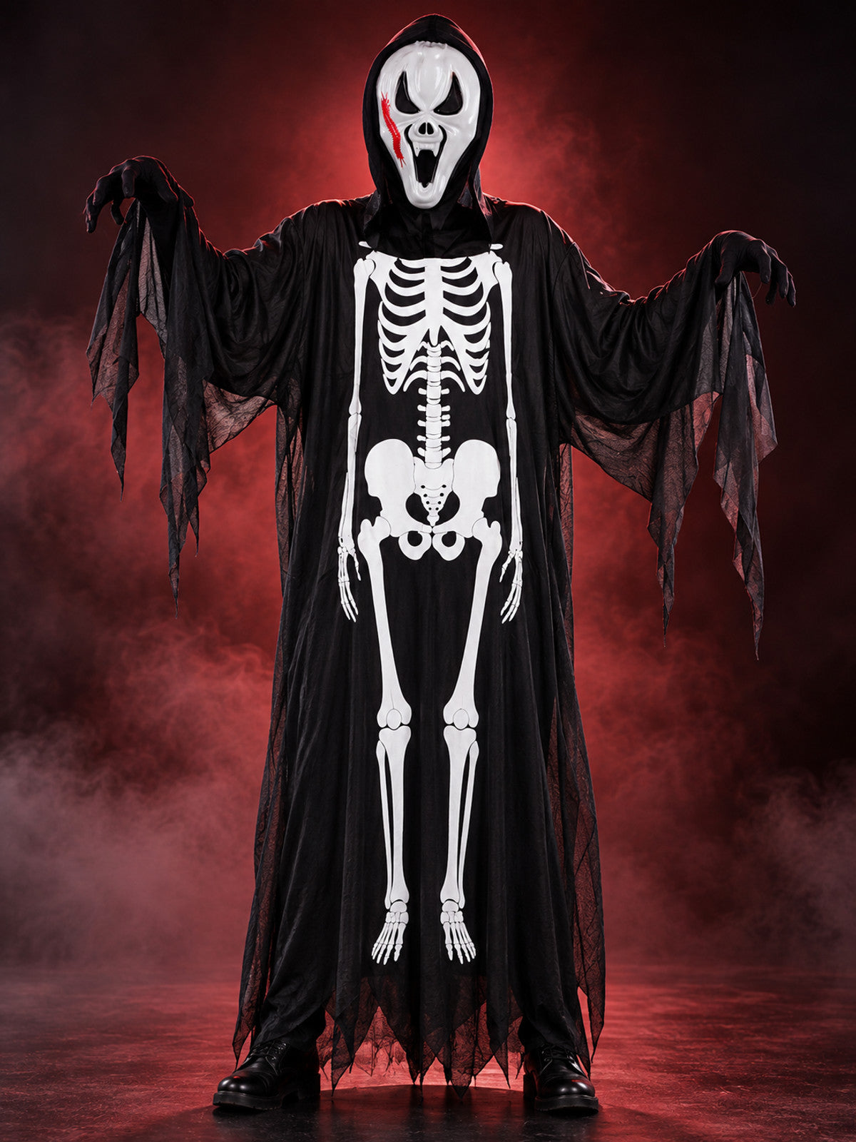Skeleton Costume: Robe with White Print, Mask