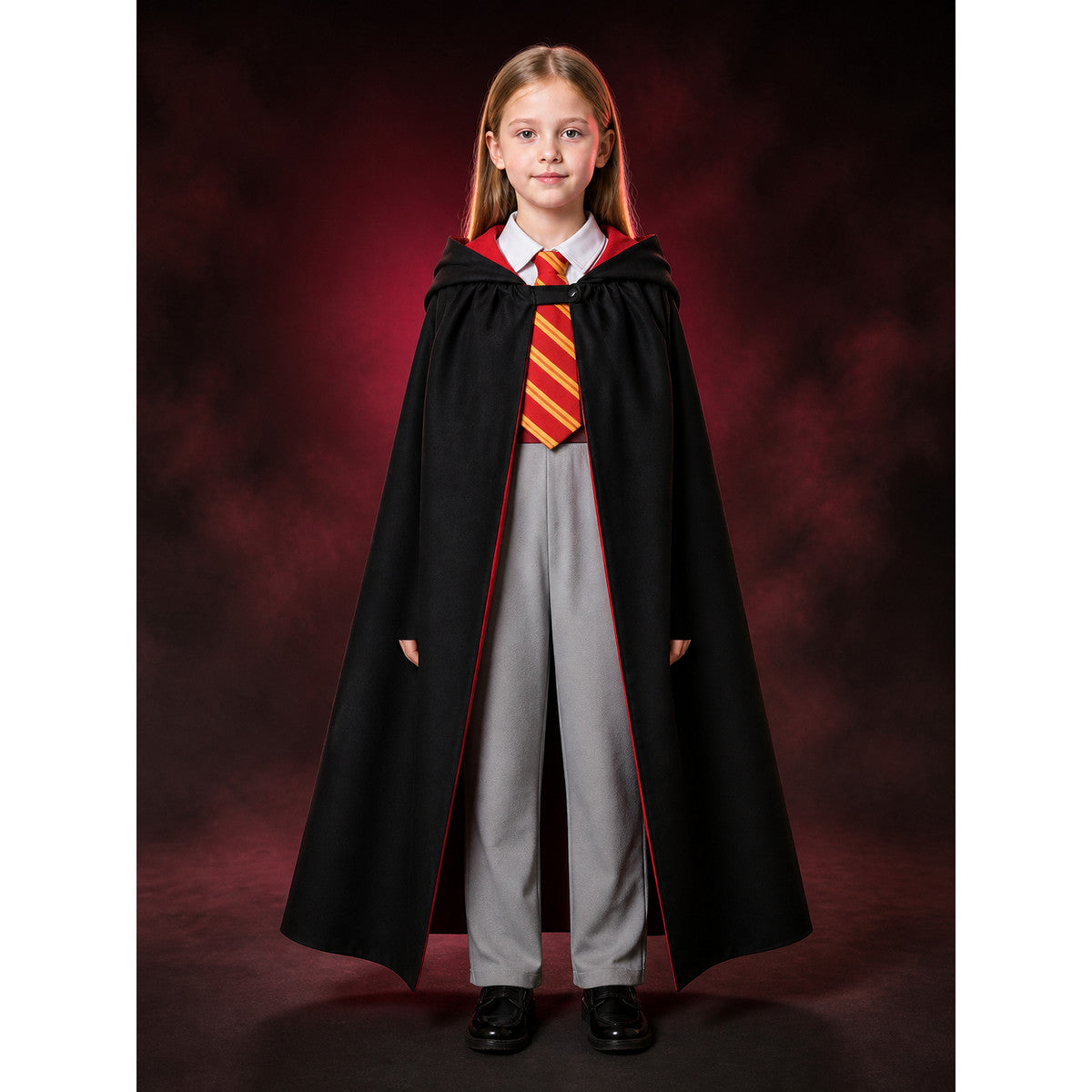 Girls Wizard Robe Costume Set with Hooded Cape, Red Trim, Tie and Pants main product view