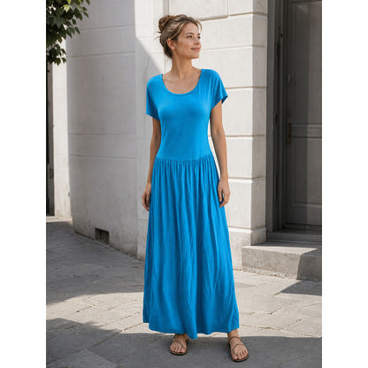 Long Women's Dress with Short Sleeves and Pleats
