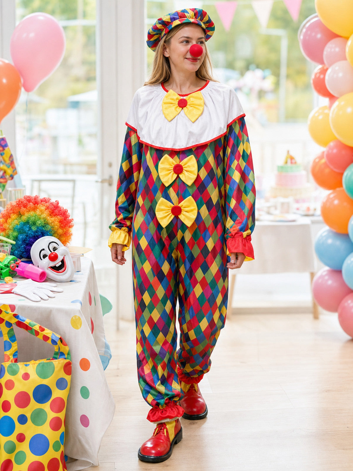 Clown Costume for a Masquerade with Hat and Nose lifestyle view