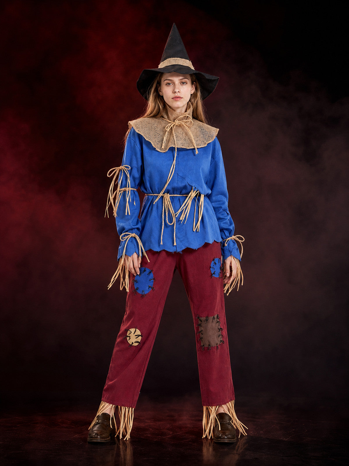 Blue and Burgundy Scarecrow Witch Costume Set with Hat and Fringe Details main product view