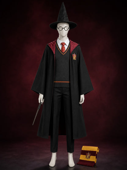 Wizard Costume Set, School-Style Hooded Robe With Hat, Scarf, Tie, Glasses, Wand