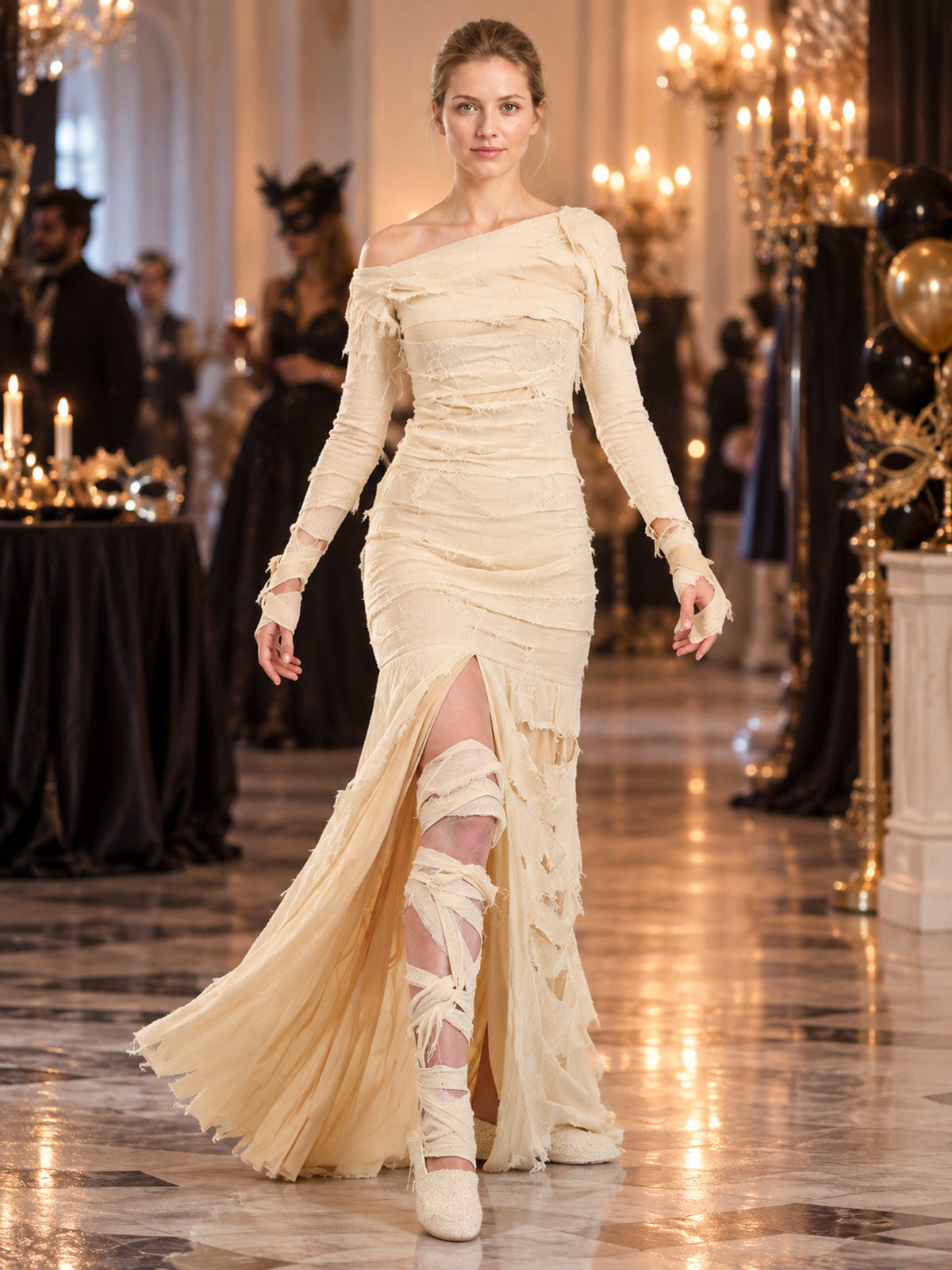 Cream Mummy Costume with Slit and Train lifestyle view