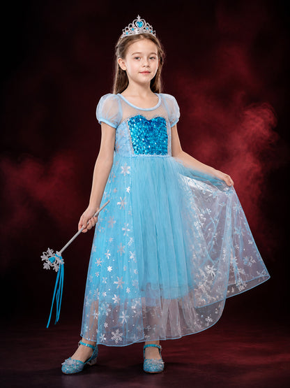 Girls' Ice Princess Costume Dress, Sequin Snowflake Tulle Gown