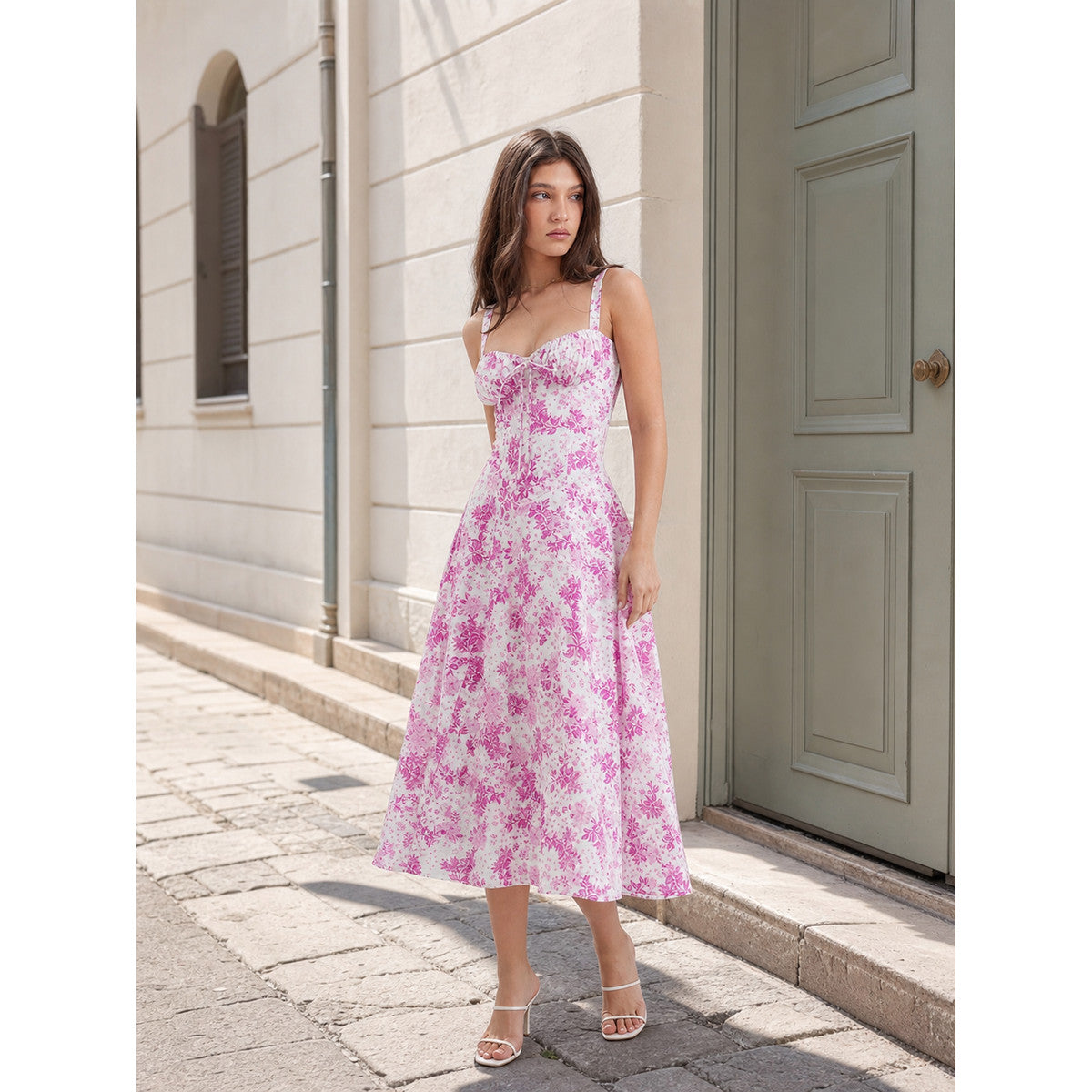 The design features a midi dress with thin straps and a square neckline lifestyle view