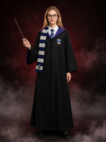 Long Black Hooded Wizard Robe Halloween Costume Set with White Shirt, Striped