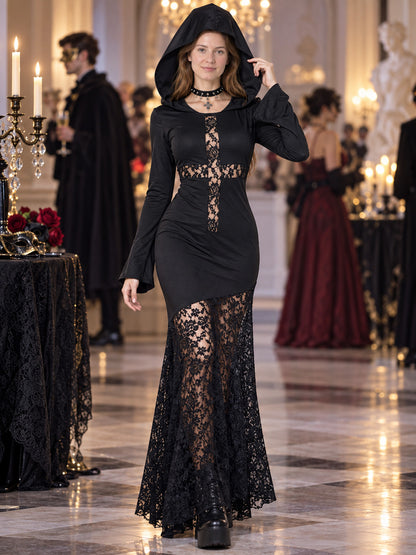 Gothic Long Hooded Dress with Lace Black