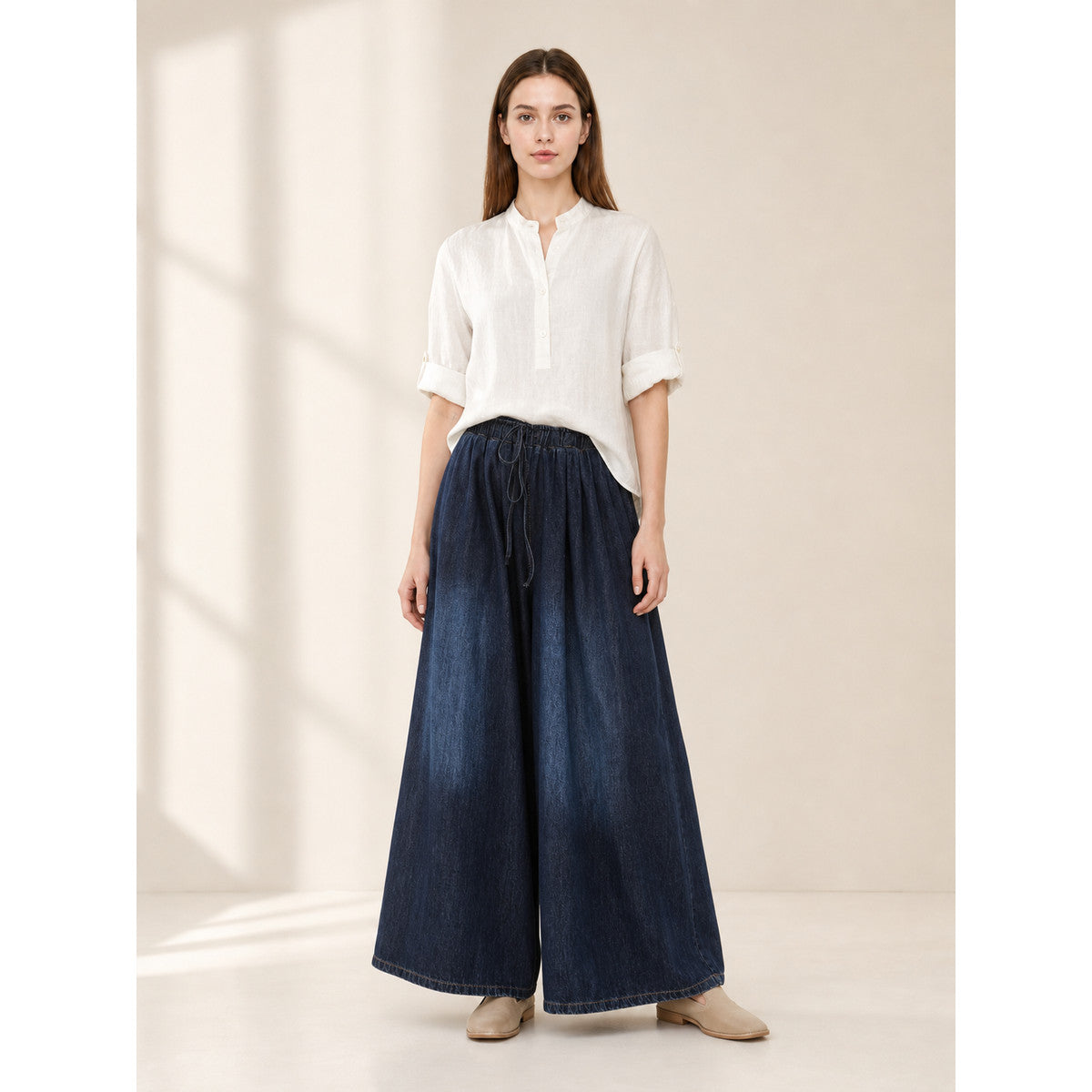 Women's high-waisted palazzo jeans with a drawstring lifestyle