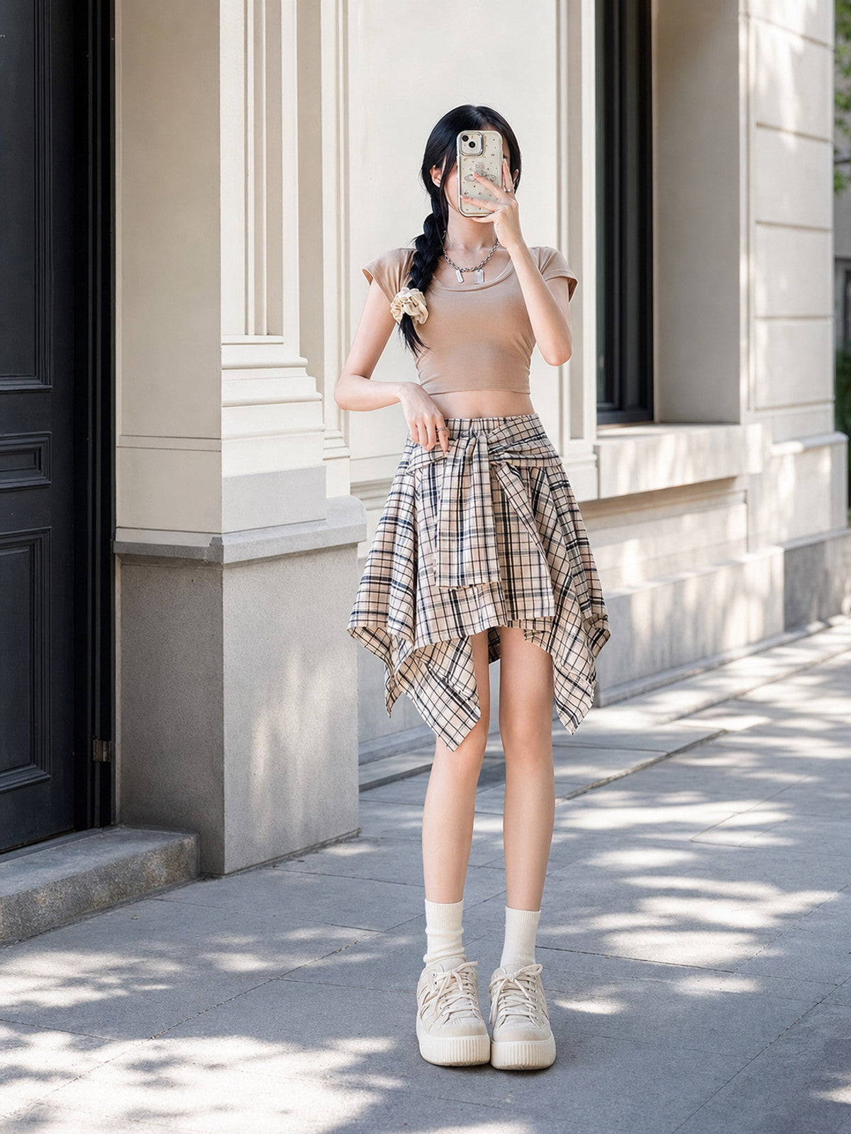 Women's set with a cropped top and plaid skirt product detail
