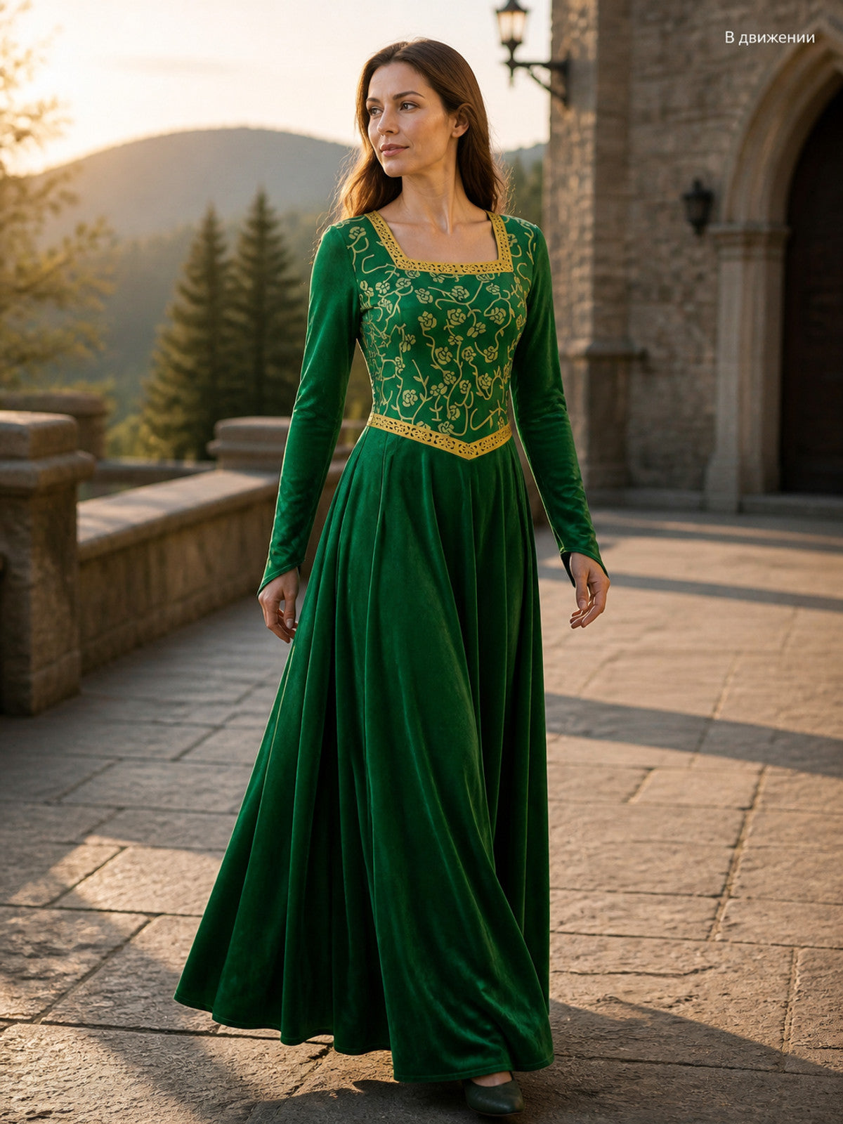 Floor-Length Velour Cosplay Dress with Gold-Tone Trim lifestyle view