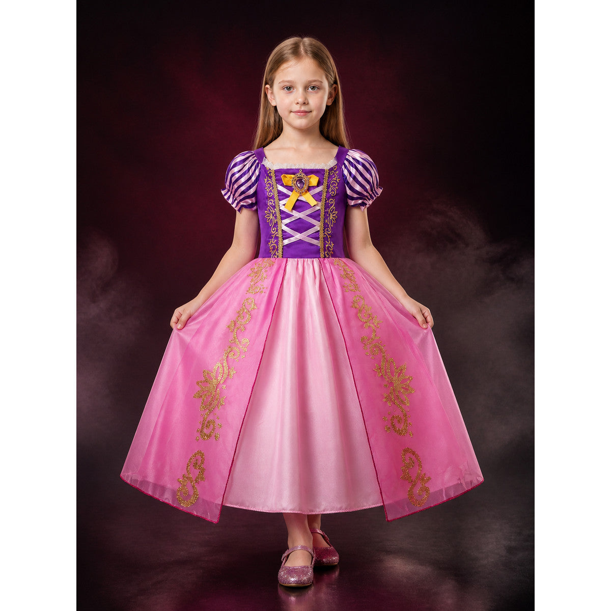 Girls Princess Dress Costume, Purple Pink Puff Sleeve with Heart Bow, Halloween main product view