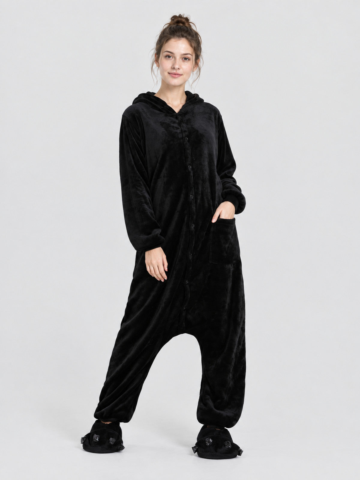 Black Fleece Hooded Pajama Jumpsuit with Pockets