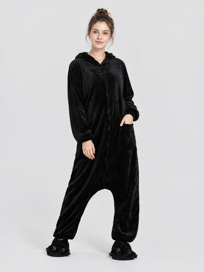 Black Fleece Hooded Pajama Jumpsuit with Pockets