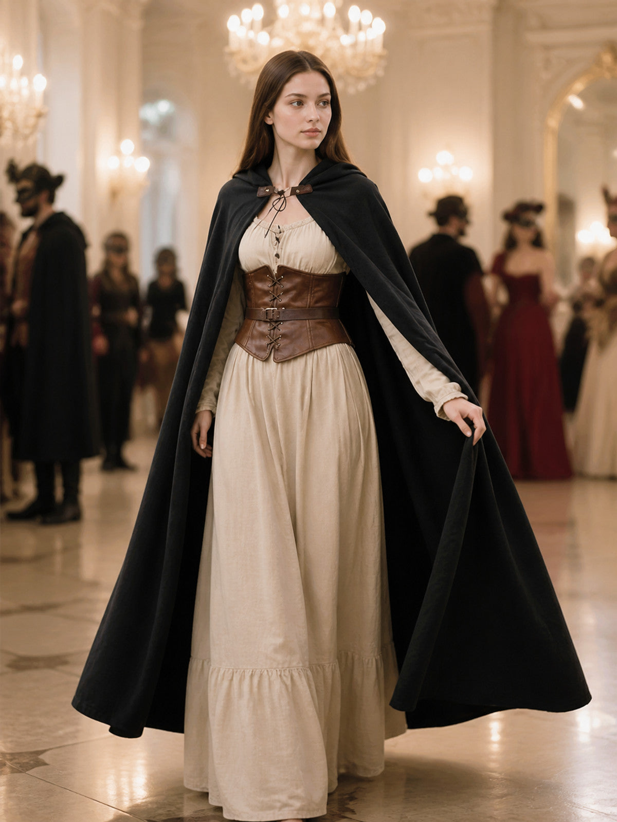 Long Black Hooded Cloak with a Loose Fit lifestyle view