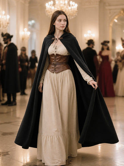Long Black Hooded Cloak with a Loose Fit lifestyle view
