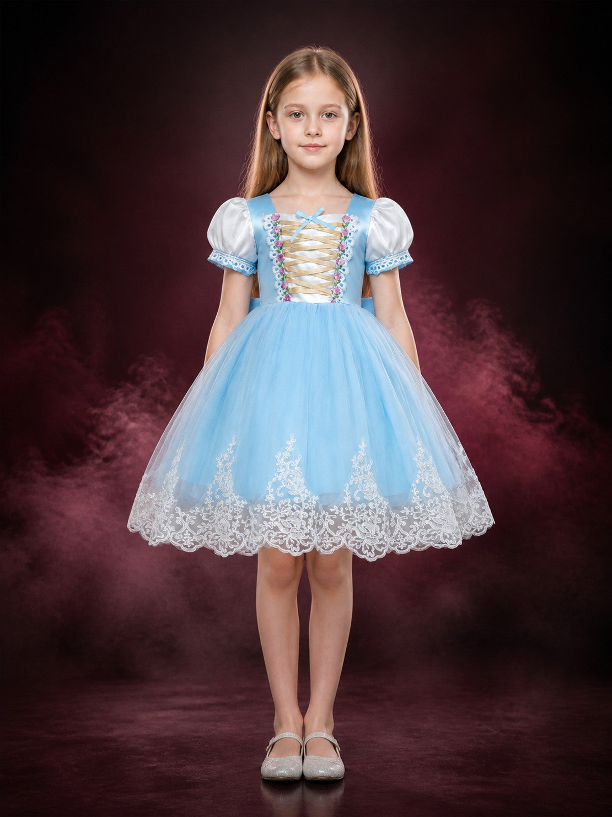 Girls' Sky Blue Princess Dress, Puff Sleeve Tulle Dress With Bow And Lace Trim main product view