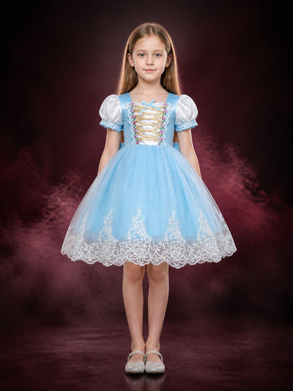 Girls' Sky Blue Princess Dress, Puff Sleeve Tulle Dress With Bow And Lace Trim main product view