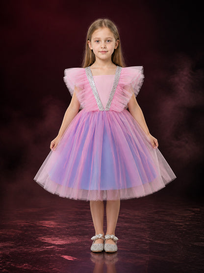 Girls' Gradient Tulle Princess Dress with Layered Skirt and Rhinestone Bow main product view