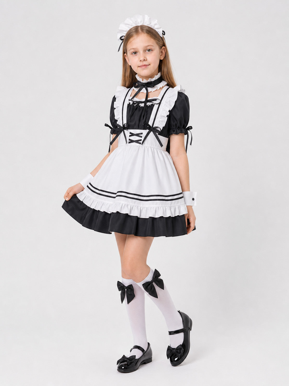 Black-and-White Maid-Style Dress with Ruffles and Bows