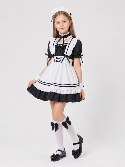 Black-and-White Maid-Style Dress with Ruffles and Bows
