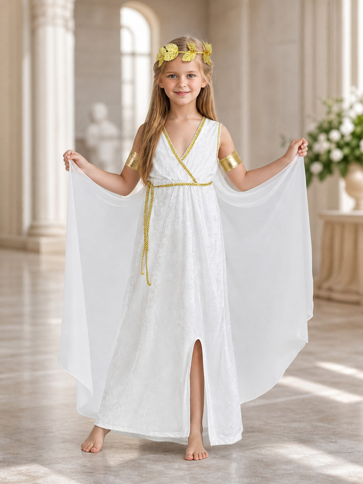 Full-body styled scene showing a child in a white flowing dress with gold trim, draped sleeves, gold arm bands, and a laurel wreath