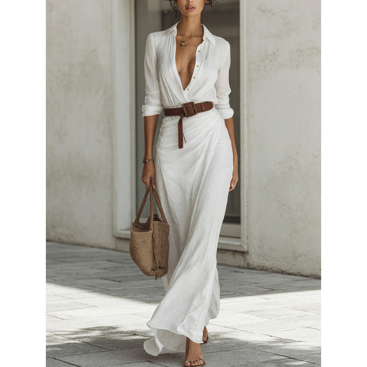 Women’s White Shirt Dress with Belt and Long Skirt