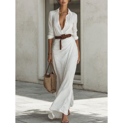 Women’s White Shirt Dress with Belt and Long Skirt