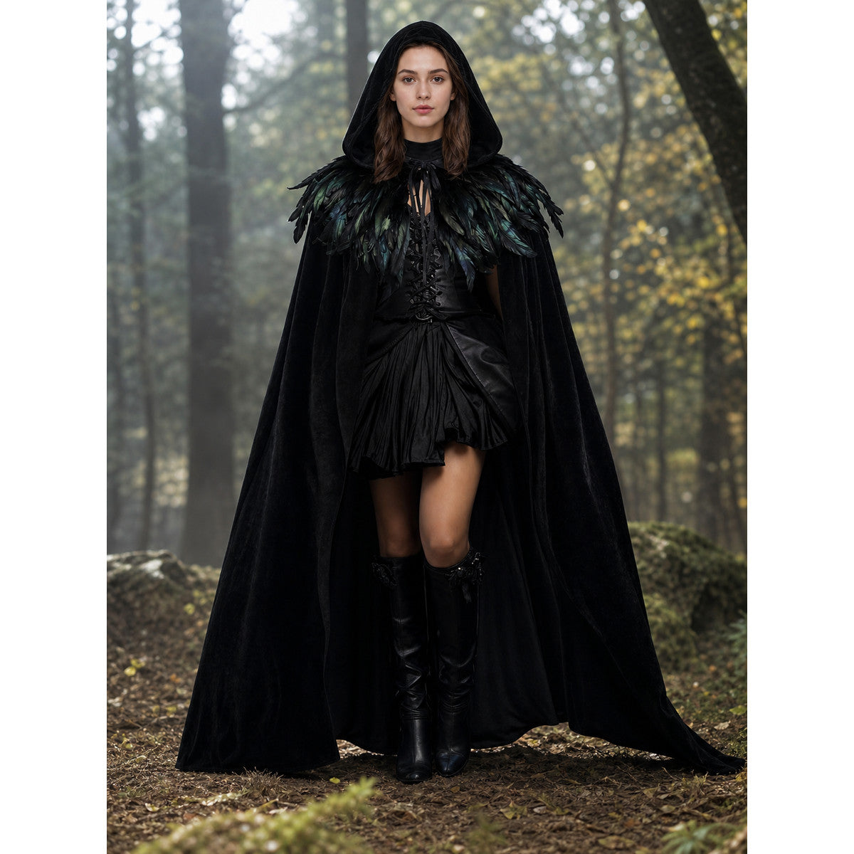 Black hooded feather cape shown full length on a model standing in a wooded outdoor setting