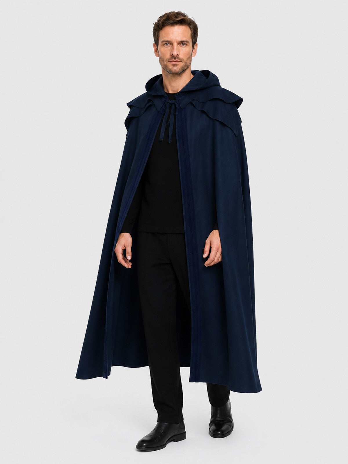 Long Blue Gothic Hooded Cloak with Ties Costume Capes detail