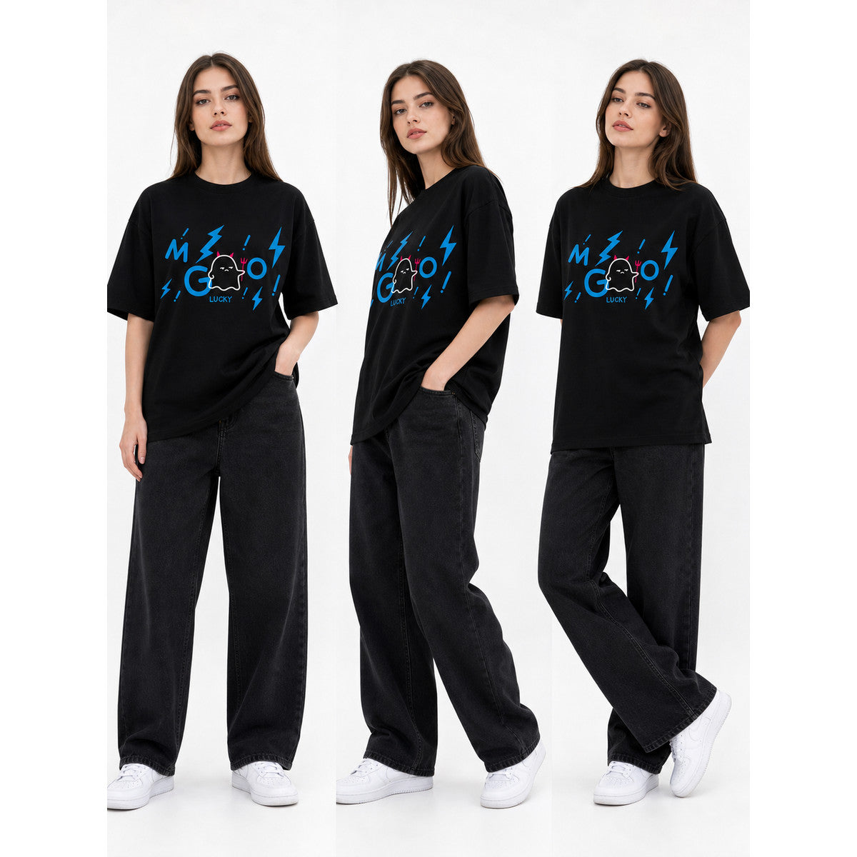 Women’s black printed T-shirt, loose fit, summer lifestyle view