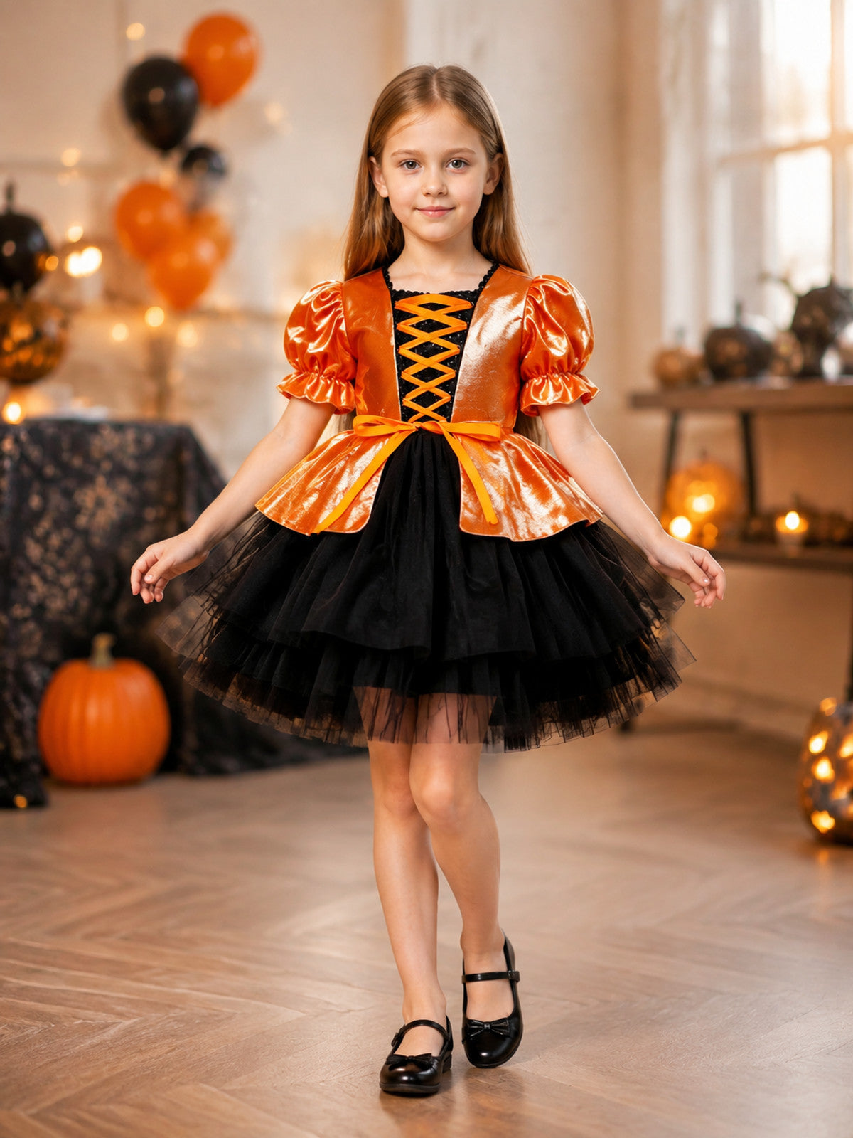 Girls' Halloween Costume Dress with Orange Bow lifestyle view