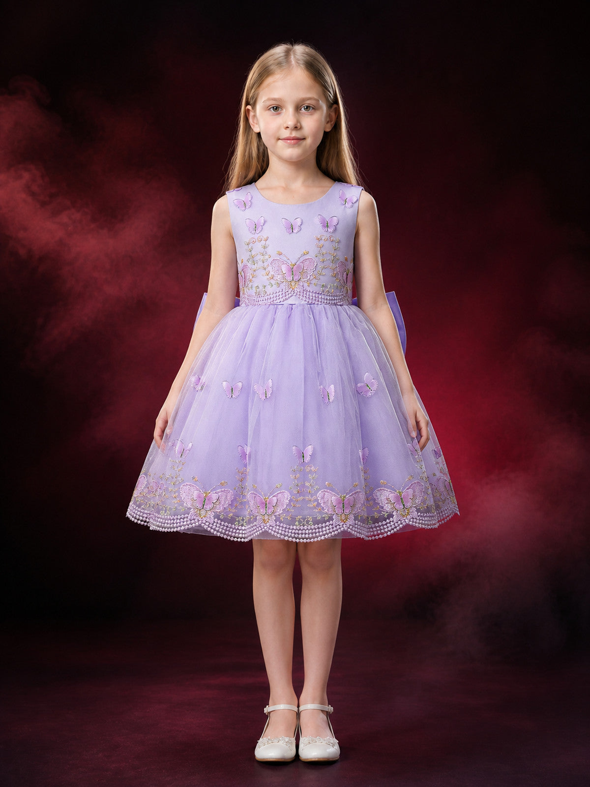 Girls' Lavender Princess Dress with Butterfly Embroidery and Bow Details main product view