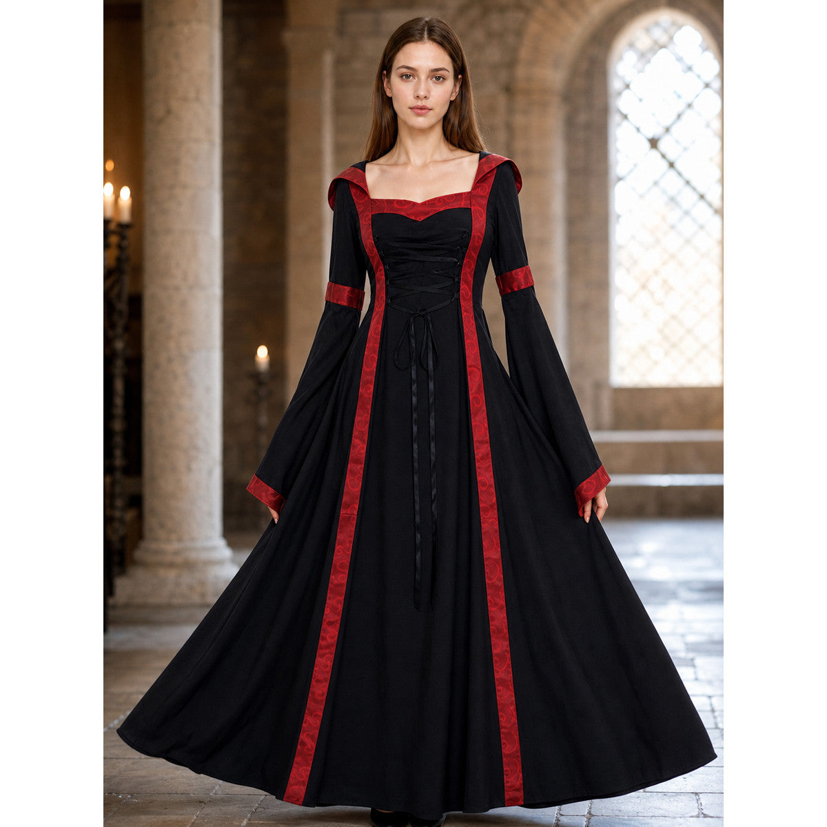 Gothic Vintage Hooded Lace-Up Dress