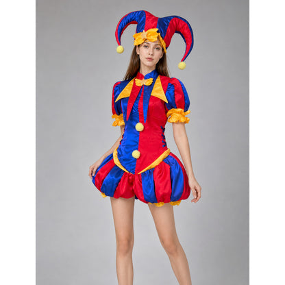 Bright circus clown-style costume with a dress and headpiece, designed for cosplay, themed events, costume parties, and stage performances. The set features an expressive red-and-blue color scheme with yellow and gold accents. The main piec