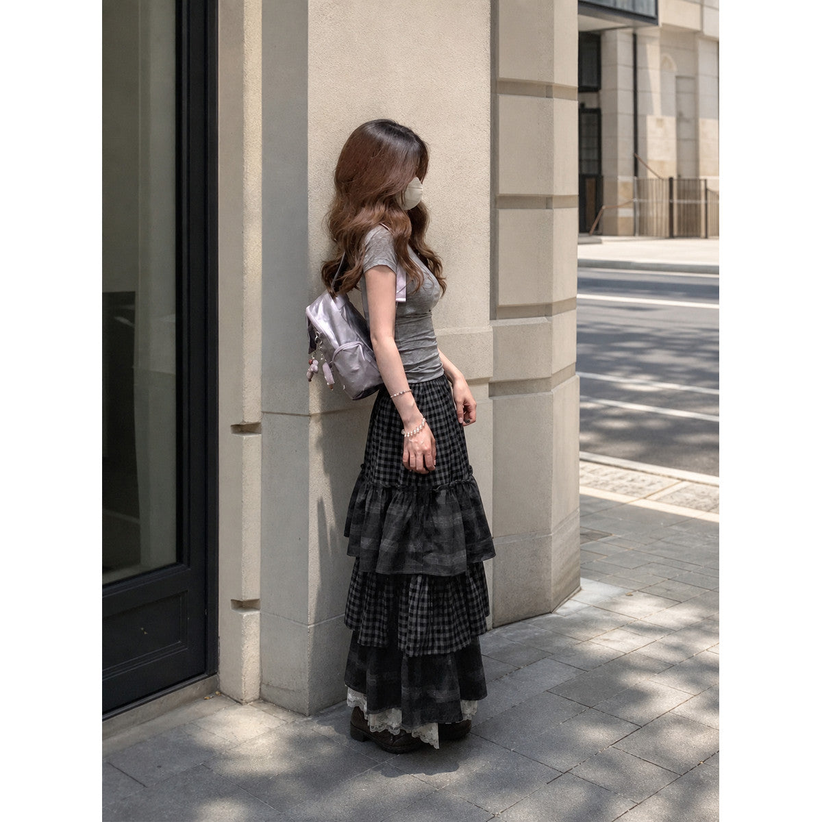 Women's Long Gray-and-Black Plaid Skirt with Ruffles