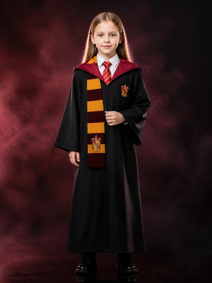Kids Hooded Wizard Robe Costume Set, Burgundy And Yellow, With Tie And Scarf main product view