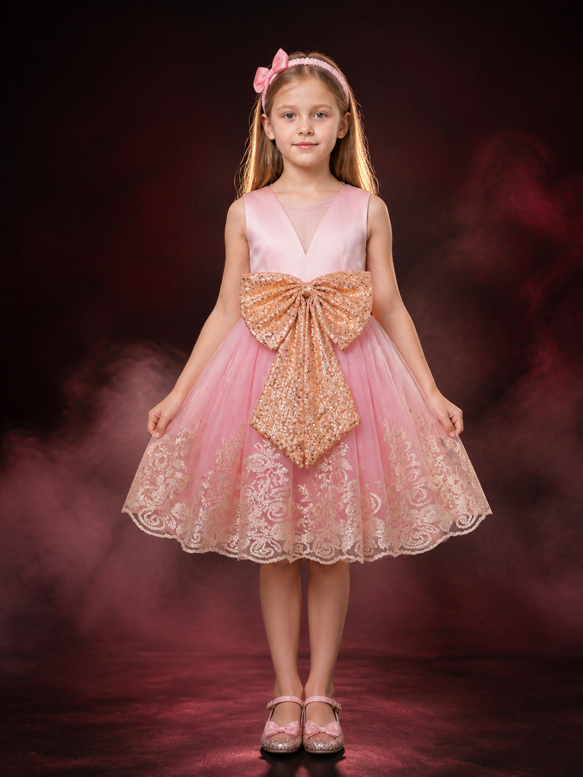 Girls' Princess Dress Set, Pink Tulle Skirt With Lace Embroidery, Gold Sequin main product view