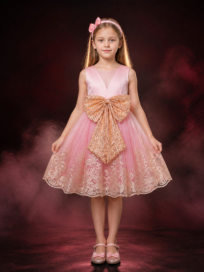 Girls' Princess Dress Set, Pink Tulle Skirt With Lace Embroidery, Gold Sequin main product view