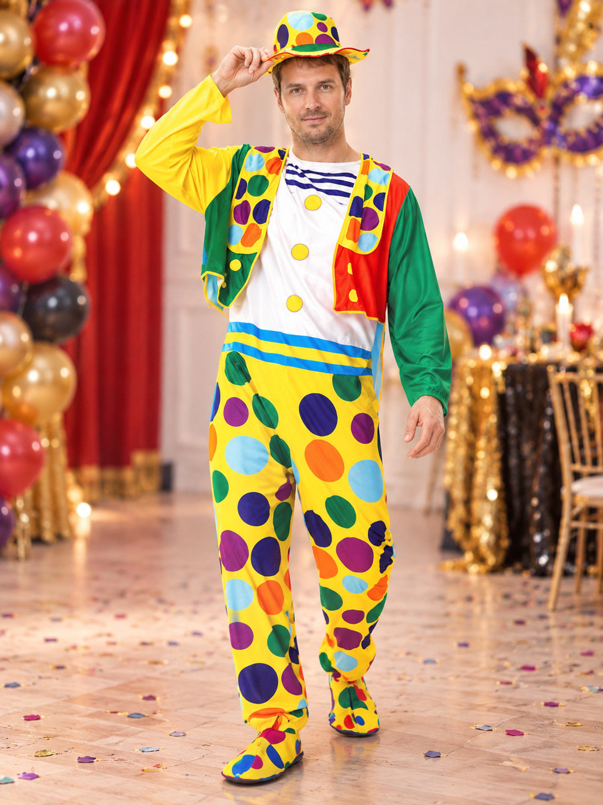 Clown Costume: Jumpsuit, Cape, Hat