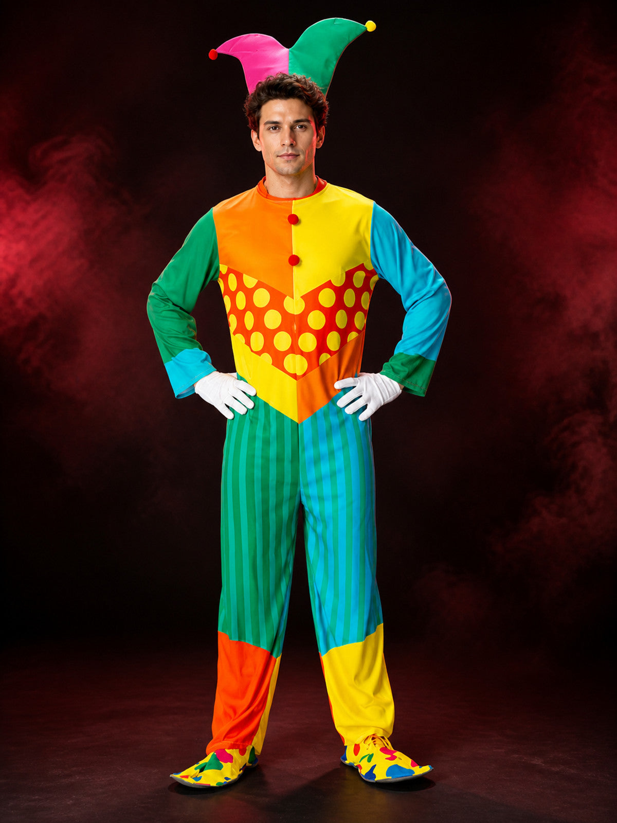 Adult Unisex Clown Jumpsuit Costume with Hat, Multicolor Striped Polka Dot