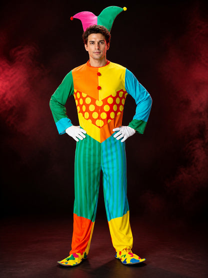 Adult Unisex Clown Jumpsuit Costume with Hat, Multicolor Striped Polka Dot