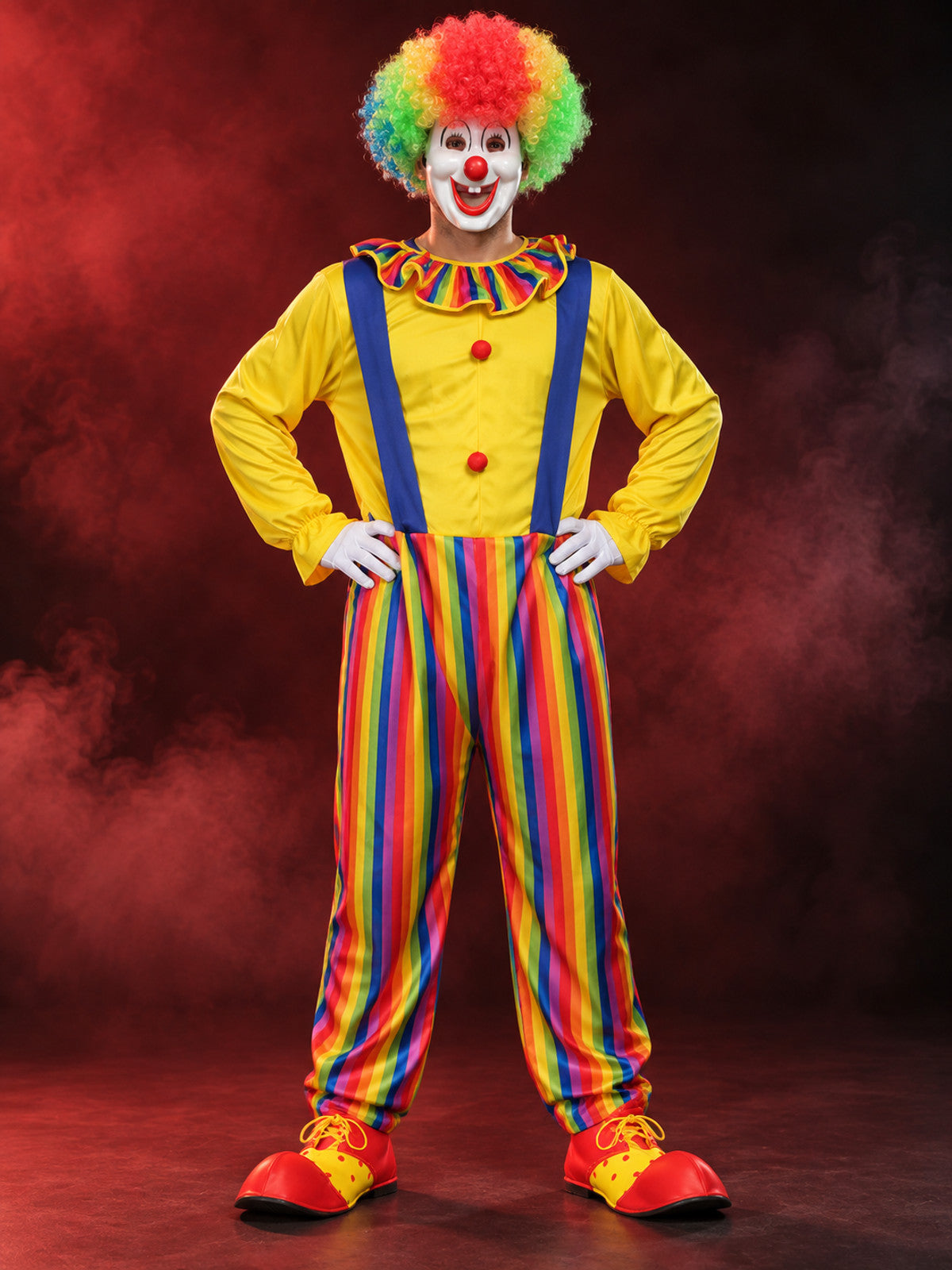 Clown Costume with Yellow Jumpsuit, Wig, and Mask