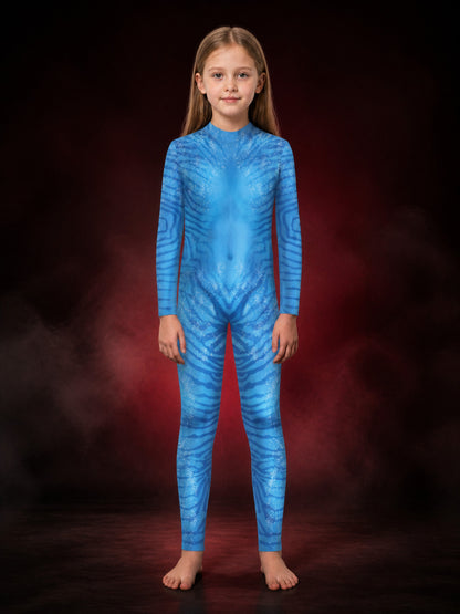 Blue Avatar Shimmering Striped Jumpsuit, High Collar Long Sleeve Halloween